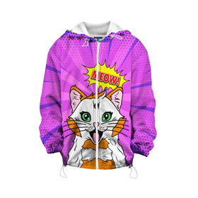 Детская куртка 3D с принтом Meow Pop Art Cat , 100% полиэстер | застежка — молния, подол и капюшон оформлены резинкой с фиксаторами, по бокам — два кармана без застежек, один потайной карман на груди, плотность верхнего слоя — 90 г/м2; плотность флисового подклада — 260 г/м2 | Тематика изображения на принте: comics | kitty | meow | pop art | pop cat | retro | арт | белый кот | взгляд | глаза | голова кота | животные | киска | комикс | кот | кошак | кошечка | мем | мультяшный | мур мур | мяу | поп арт | прикол | пушистик | ретро