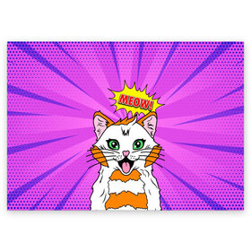 Поздравительная открытка с принтом Meow Pop Art Cat , 100% бумага | плотность бумаги 280 г/м2, матовая, на обратной стороне линовка и место для марки
 | Тематика изображения на принте: comics | kitty | meow | pop art | pop cat | retro | арт | белый кот | взгляд | глаза | голова кота | животные | киска | комикс | кот | кошак | кошечка | мем | мультяшный | мур мур | мяу | поп арт | прикол | пушистик | ретро