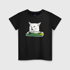 Детская футболка хлопок с принтом Смадж и овощи , 100% хлопок | круглый вырез горловины, полуприлегающий силуэт, длина до линии бедер | animals | cat | cat meme | kitty | memes | smudge | белый кот | голова кота | еда | животные | звери | злой кот | интернет мемы | интернет приколы | кот за столом | кот мем | котенок | кошак | мемы | овощи | питомец | смадж