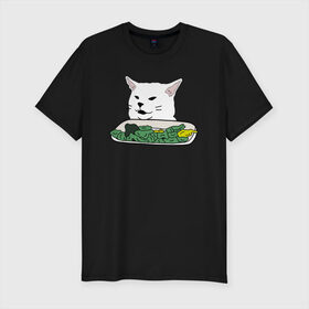 Мужская футболка хлопок Slim с принтом Смадж и овощи , 92% хлопок, 8% лайкра | приталенный силуэт, круглый вырез ворота, длина до линии бедра, короткий рукав | animals | cat | cat meme | kitty | memes | smudge | белый кот | голова кота | еда | животные | звери | злой кот | интернет мемы | интернет приколы | кот за столом | кот мем | котенок | кошак | мемы | овощи | питомец | смадж