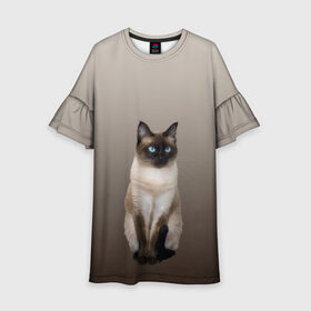 Детское платье 3D с принтом Сиамский кот голубые глаза , 100% полиэстер | прямой силуэт, чуть расширенный к низу. Круглая горловина, на рукавах — воланы | Тематика изображения на принте: арт | бежевый | градиент | киса | коричневый | кот | котейка | котенок | котик | котэ | кошка | реализм | сиамец | сиамский