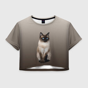 Женская футболка Crop-top 3D с принтом Сиамский кот голубые глаза , 100% полиэстер | круглая горловина, длина футболки до линии талии, рукава с отворотами | арт | бежевый | градиент | киса | коричневый | кот | котейка | котенок | котик | котэ | кошка | реализм | сиамец | сиамский