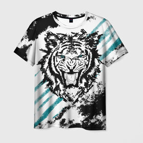 Мужская футболка 3D с принтом Голубоглазый тигр , 100% полиэфир | прямой крой, круглый вырез горловины, длина до линии бедер | Тематика изображения на принте: абстракция | агрессивный | злой | зубы | клякса | пасть | полоски | полосы | суровый | тигр | чернота