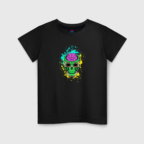 Детская футболка хлопок с принтом Psychedelic skull , 100% хлопок | круглый вырез горловины, полуприлегающий силуэт, длина до линии бедер | skull | брызги | мозг | монстр | психоделика | скелет | череп | чудовище