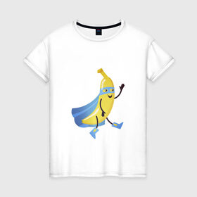 Женская футболка хлопок с принтом Baana man , 100% хлопок | прямой крой, круглый вырез горловины, длина до линии бедер, слегка спущенное плечо | banana | man | superhero | банан | супергерой | человек банан