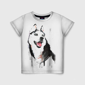 Детская футболка 3D с принтом Хаски красками , 100% гипоаллергенный полиэфир | прямой крой, круглый вырез горловины, длина до линии бедер, чуть спущенное плечо, ткань немного тянется | Тематика изображения на принте: dogs | рисунок | собаки | хаски | щенок