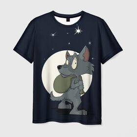 Мужская футболка 3D с принтом Серый волчонок , 100% полиэфир | прямой крой, круглый вырез горловины, длина до линии бедер | графика | звезды | ночь | персонаж | природа | рисунок | сказка | сон | хищник