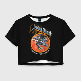 Женская футболка Crop-top 3D с принтом Judas Priest , 100% полиэстер | круглая горловина, длина футболки до линии талии, рукава с отворотами | black | deep | heep | judas | led | metal | music | priest | purple | rock | sabbath | skull | uriah | zeppelin | блэк | гитара | группа | иуда | метал | музыка | рок | священник | череп | электрогитара