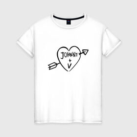 Женская футболка хлопок с принтом Johnny + V , 100% хлопок | прямой крой, круглый вырез горловины, длина до линии бедер, слегка спущенное плечо | johnny | silverhand | ви | киберпанк | сердце | татуировка