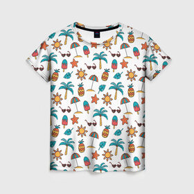 Женская футболка 3D с принтом Летний паттерн , 100% полиэфир ( синтетическое хлопкоподобное полотно) | прямой крой, круглый вырез горловины, длина до линии бедер | summer | ананас | еда | лето | мороженное | пальма | тропический | узор | фрукт