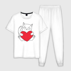 Мужская пижама хлопок с принтом Котик День Святого Валентина , 100% хлопок | брюки и футболка прямого кроя, без карманов, на брюках мягкая резинка на поясе и по низу штанин
 | 14 февраля | black cat | cat | heart | valentines day | день валентина | день любви | кот | котик | котики | кошка | любовь | сердечки | сердце | черный кот