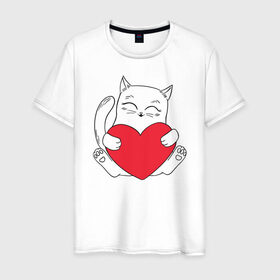 Мужская футболка хлопок с принтом Котик День Святого Валентина , 100% хлопок | прямой крой, круглый вырез горловины, длина до линии бедер, слегка спущенное плечо. | 14 февраля | black cat | cat | heart | valentines day | день валентина | день любви | кот | котик | котики | кошка | любовь | сердечки | сердце | черный кот