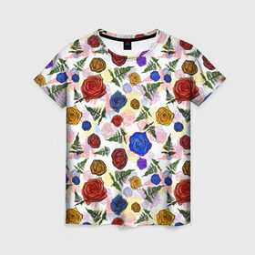 Женская футболка 3D с принтом цветы узор , 100% полиэфир ( синтетическое хлопкоподобное полотно) | прямой крой, круглый вырез горловины, длина до линии бедер | весна | женственный | красивый | нежный | узор | флористика | цветы