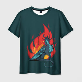 Мужская футболка 3D с принтом Бирюзовый дракон , 100% полиэфир | прямой крой, круглый вырез горловины, длина до линии бедер | бирюзовый цвет | графика | дракон | огонь | персонаж | пламя | рисунок | фэнтези