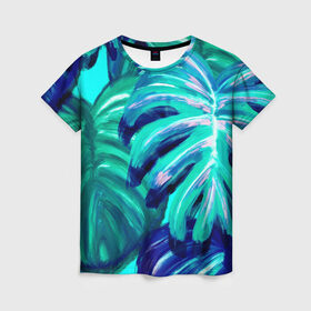 Женская футболка 3D с принтом Пальмовая ветвь , 100% полиэфир ( синтетическое хлопкоподобное полотно) | прямой крой, круглый вырез горловины, длина до линии бедер | art | casual | арт | весна | кисть | краски | пальмы | пляж | рисунок | солнце