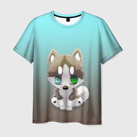 Мужская футболка 3D с принтом Малыш хаски , 100% полиэфир | прямой крой, круглый вырез горловины, длина до линии бедер | акито | гав | градиент | животные | любитель собак | малыш | пес | разные глаза | рисунок | собакен | собаки | собаченок | хаски | щенок