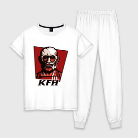 Женская пижама хлопок с принтом KFH - Kentucky Fried Human , 100% хлопок | брюки и футболка прямого кроя, без карманов, на брюках мягкая резинка на поясе и по низу штанин | anime | attack | fried | human | kentucky | kfh | kyojin | manga | no | of | on | shingeki | titan | titans | аниме | армин | атака | бертольд | колосс | колоссальный | манга | микаса | райнер | титан | титанов | титаны | человек | энни