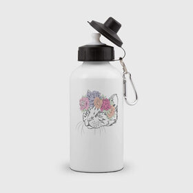Бутылка спортивная с принтом кошка в цветах , металл | емкость — 500 мл, в комплекте две пластиковые крышки и карабин для крепления | 8 марта | весна | девушке | женский | мама | подарок | тренд | феминизм | цветы