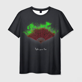 Мужская футболка 3D с принтом Light your fire , 100% полиэфир | прямой крой, круглый вырез горловины, длина до линии бедер | Тематика изображения на принте: веер | зажги свой огонь | зеленый огонь | пламя | темный фон