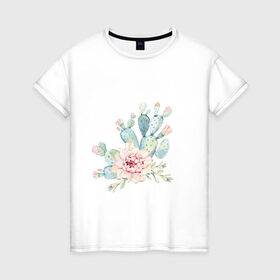 Женская футболка хлопок с принтом цветущий кактус акварель , 100% хлопок | прямой крой, круглый вырез горловины, длина до линии бедер, слегка спущенное плечо | акварель | акварельный | весна | кактус | мило | природа | растение | рисунок | суккулент | цветение | цветок | цветущий