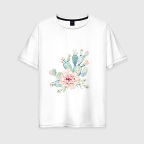 Женская футболка хлопок Oversize с принтом цветущий кактус акварель , 100% хлопок | свободный крой, круглый ворот, спущенный рукав, длина до линии бедер
 | акварель | акварельный | весна | кактус | мило | природа | растение | рисунок | суккулент | цветение | цветок | цветущий