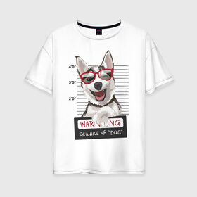 Женская футболка хлопок Oversize с принтом Задержанный хаски , 100% хлопок | свободный крой, круглый ворот, спущенный рукав, длина до линии бедер
 | очки | преступник | собака | улыбака | улыбка | хаски | хипстер