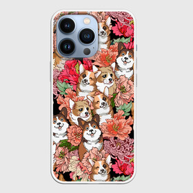 Чехол для iPhone 13 Pro с принтом Корги  Цветы ,  |  | Тематика изображения на принте: глаза | животное | корги | королевский | красавчик | лапы | любовь | няшка | ошейник | пес | роза | розы | сердце | собака | собаки | счастье | уши | цветочки | цветы