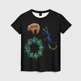 Женская футболка 3D с принтом Медведи и ящерицы , 100% полиэфир ( синтетическое хлопкоподобное полотно) | прямой крой, круглый вырез горловины, длина до линии бедер | медведи | цветные ящерицы | цветочные кольца | цветы | ящерицы