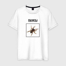 Мужская футболка хлопок с принтом Паукъ , 100% хлопок | прямой крой, круглый вырез горловины, длина до линии бедер, слегка спущенное плечо. | абстракция | бред | жак фреско | жуки | насекомое | паук | пауки | паучок | странная надпись | тараканы | тупость