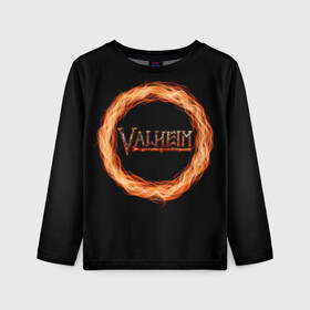 Детский лонгслив 3D с принтом Valheim - огненный круг , 100% полиэстер | длинные рукава, круглый вырез горловины, полуприлегающий силуэт
 | valheim | вальхейм | викинги | игра | компьютерный | круг | логотип | минимализм | огненный | огонь | подарок | черный