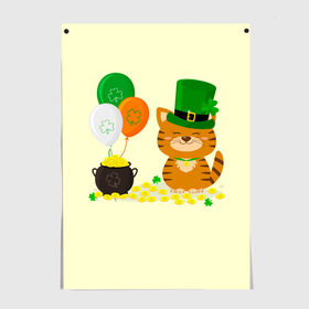 Постер с принтом Ирландский Кот , 100% бумага
 | бумага, плотность 150 мг. Матовая, но за счет высокого коэффициента гладкости имеет небольшой блеск и дает на свету блики, но в отличии от глянцевой бумаги не покрыта лаком | день святого патрика | ирландия | ирландский | ирландский клевер | ирландский кот | клевер | кот | патрик | с котом | святой патрик