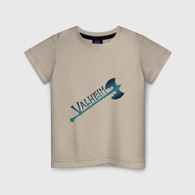Детская футболка хлопок с принтом Valheim тёмное лого с секирой , 100% хлопок | круглый вырез горловины, полуприлегающий силуэт, длина до линии бедер | p2p | pvp | valheim | валхейм | викинг | викинги | выживание | градиент | лого | песочница | сага | секира | скандинавы | сурвайвал | тёмный