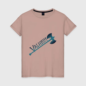 Женская футболка хлопок с принтом Valheim тёмное лого с секирой , 100% хлопок | прямой крой, круглый вырез горловины, длина до линии бедер, слегка спущенное плечо | p2p | pvp | valheim | валхейм | викинг | викинги | выживание | градиент | лого | песочница | сага | секира | скандинавы | сурвайвал | тёмный