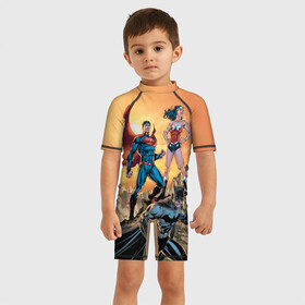 Детский купальный костюм 3D с принтом Лига Справедливости , Полиэстер 85%, Спандекс 15% | застежка на молнии на спине | batman | justice league | superman | vdzabma | wonder woman | бэтмен | лига справедливости | супермен | чудо женщина