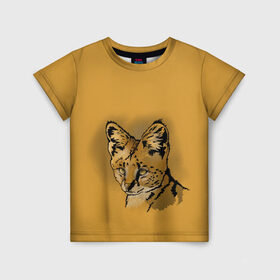 Детская футболка 3D с принтом Сервал , 100% гипоаллергенный полиэфир | прямой крой, круглый вырез горловины, длина до линии бедер, чуть спущенное плечо, ткань немного тянется | африка | графика | дикий мир | животное | кошка | персонаж | природа | рисунок | хищник