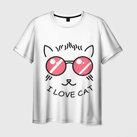 Мужская футболка 3D с принтом I Love cat (я люблю котов) , 100% полиэфир | прямой крой, круглый вырез горловины, длина до линии бедер | 8 марта | cat | i love you | kiss | love | губы | девушке | день влюбленных | зубы | киса | кот | котик | коты | люблю котов | любовь | любтмой | марта | очки | поцелуй | розовые губы | розовый | страсть | течет