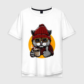 Мужская футболка хлопок Oversize с принтом Кот с кофе , 100% хлопок | свободный крой, круглый ворот, “спинка” длиннее передней части | кот | кофе | очки | рубашка | солнце | стиль | уличный | хипстер | шапка