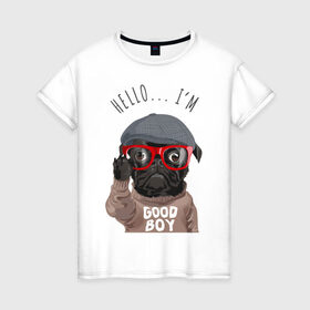 Женская футболка хлопок с принтом Хороший мальчик , 100% хлопок | прямой крой, круглый вырез горловины, длина до линии бедер, слегка спущенное плечо | кепка | мальчик | мопс | очки | пёс | собака | хипстер | хороший