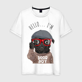 Мужская футболка хлопок с принтом Хороший мальчик , 100% хлопок | прямой крой, круглый вырез горловины, длина до линии бедер, слегка спущенное плечо. | кепка | мальчик | мопс | очки | пёс | собака | хипстер | хороший