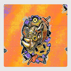 Магнитный плакат 3Х3 с принтом Стимпанк Носорог - Rhino , Полимерный материал с магнитным слоем | 9 деталей размером 9*9 см | графика | граффити | кляксы | механика | носорог | оранжевый | от руки | рисунок | скетч | стимпанк | шестерёнки | шестерни | яркий
