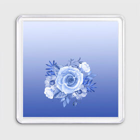Магнит 55*55 с принтом Голубая роза акварель , Пластик | Размер: 65*65 мм; Размер печати: 55*55 мм | акварель | голубая | градиент | монрхром | природа | рисунок | роза | синий | цветок