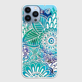 Чехол для iPhone 13 Pro Max с принтом цветочный узор ,  |  | белый | бирюзовый | градиент | дудлинг | зеленый | рисунок | синий | узор | цветочный | цветы