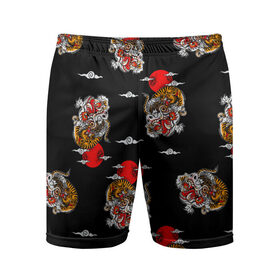 Мужские шорты спортивные с принтом Японский стиль - тигры ,  |  | Тематика изображения на принте: арт | животные | облака | огонь | пламя | рисунок | стиль | тигр | японский