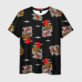 Мужская футболка 3D с принтом Японский стиль - тигры , 100% полиэфир | прямой крой, круглый вырез горловины, длина до линии бедер | Тематика изображения на принте: арт | животные | облака | огонь | пламя | рисунок | стиль | тигр | японский