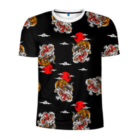 Мужская футболка 3D спортивная с принтом Японский стиль - тигры , 100% полиэстер с улучшенными характеристиками | приталенный силуэт, круглая горловина, широкие плечи, сужается к линии бедра | арт | животные | облака | огонь | пламя | рисунок | стиль | тигр | японский