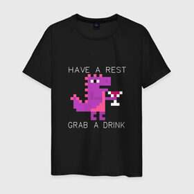 Мужская футболка хлопок с принтом динозаврик с винишком , 100% хлопок | прямой крой, круглый вырез горловины, длина до линии бедер, слегка спущенное плечо. | Тематика изображения на принте: английский текст | вино | динозаврик | пиксель арт | прикольный текст