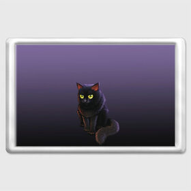 Магнит 45*70 с принтом черный кот на фиолетовом , Пластик | Размер: 78*52 мм; Размер печати: 70*45 | cat | kitten | большие глаза | глазища | градиент | дьявол | кот | котейка | котик | кошка | мрачный | мяу | персонаж | рисунок | фиолетовый | черный | шерсть