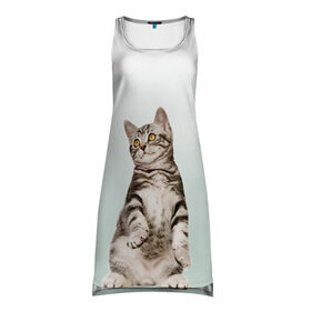 Платье-майка 3D с принтом котенок на задних лапках , 100% полиэстер | полуприлегающий силуэт, широкие бретели, круглый вырез горловины, удлиненный подол сзади. | cat | kitten | выпрашивает | градиент | зеленый | короткошерстный | кот | котейка | котик | кошка | мяу | полоски | просит | реалистичный | смотрит вверх | стоит | тянется | удивленный