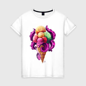 Женская футболка хлопок с принтом Монстро мороженное , 100% хлопок | прямой крой, круглый вырез горловины, длина до линии бедер, слегка спущенное плечо | sweets | вкусняшка | монстры | мороженное | щупальца