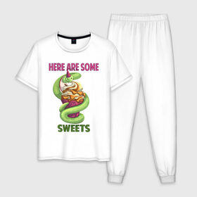 Мужская пижама хлопок с принтом Змеиные ссссладости , 100% хлопок | брюки и футболка прямого кроя, без карманов, на брюках мягкая резинка на поясе и по низу штанин
 | snake | sweet | sweets | десерты | змея | сладкое
